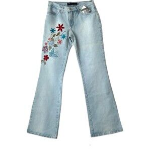 Jean Darrot Jeans Women Size 40 Light Blue Embroidered Beaded Bootcut Rigid